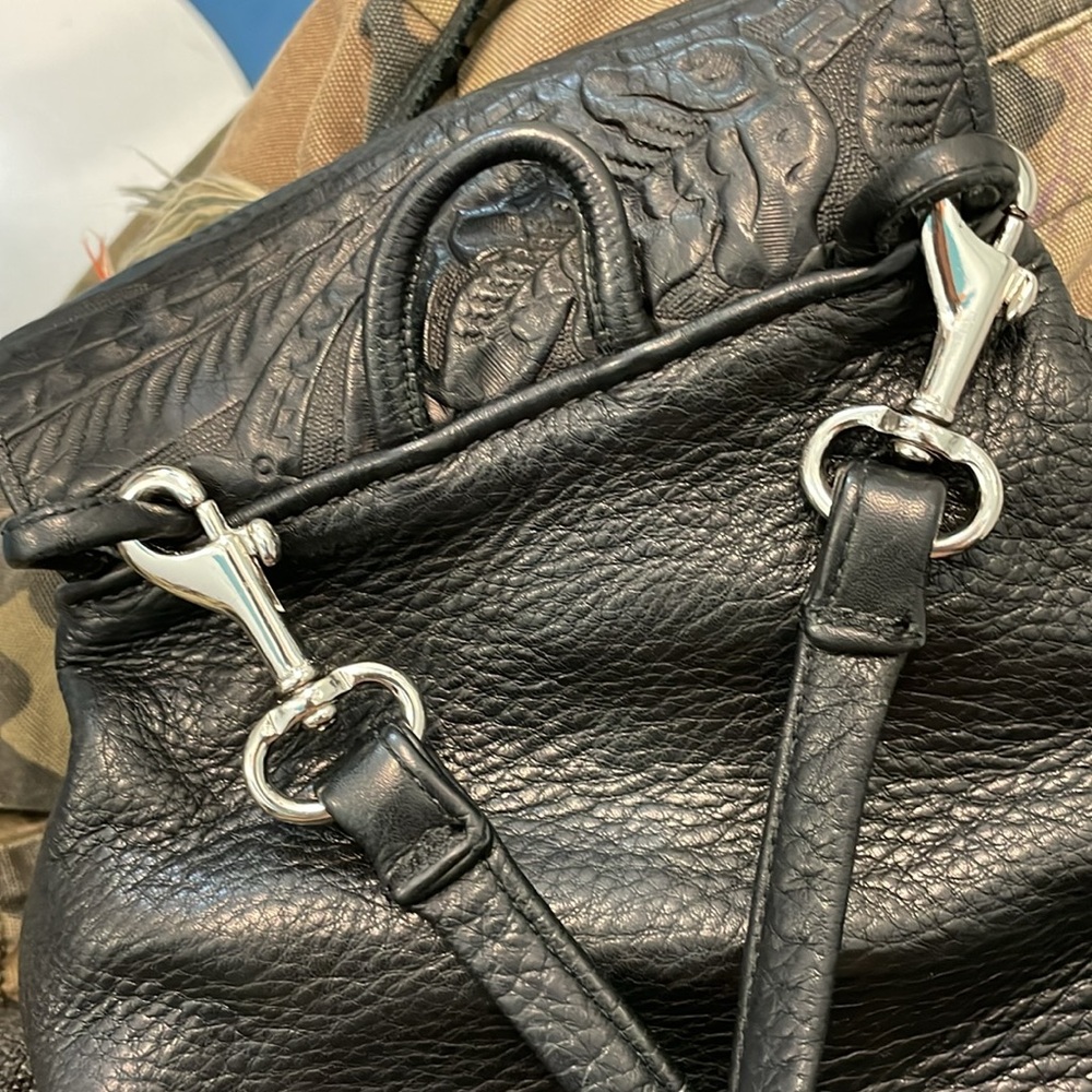 small black floral embossed leather backpack with clip-on straps - Picture 2 of 2